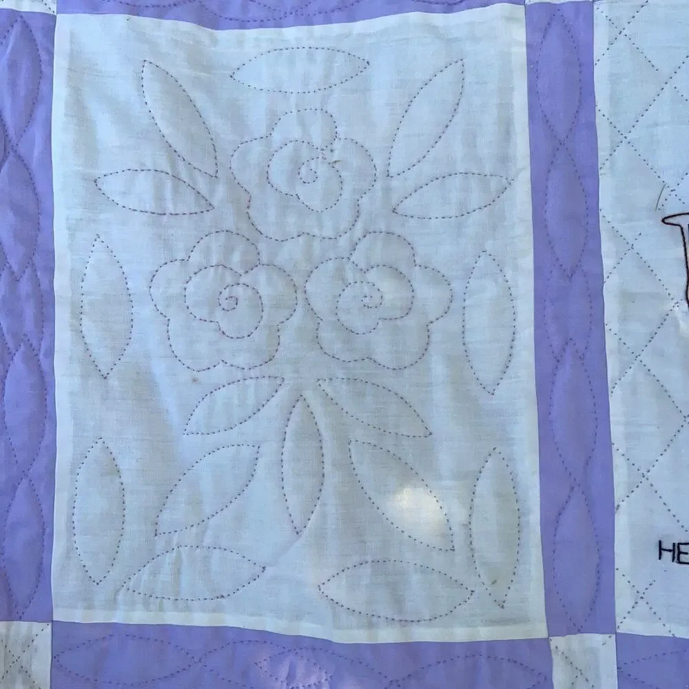 Vintage Hand Made Quilt Old Testament Embroidered Purple Border